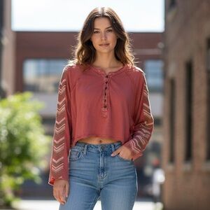We The‎ Free Mauve Tose Pink Cropped Top Boho Embroidered Tribal Long Sleeves